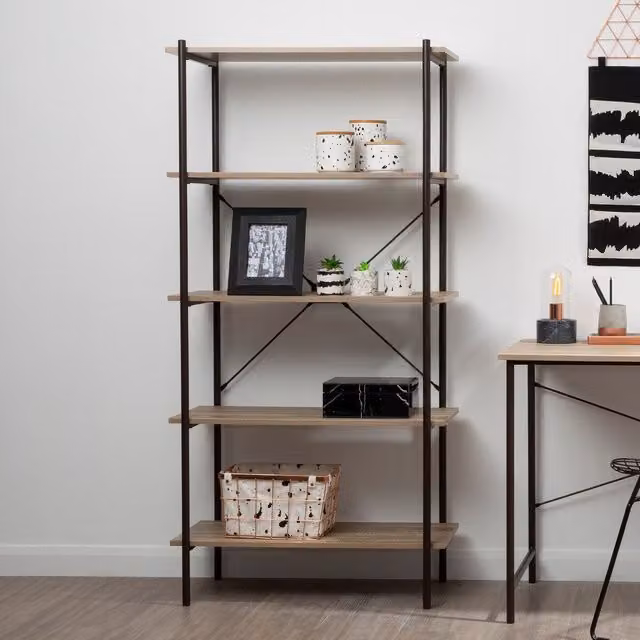 Orsina Five Tier Oak and Metal Storage Shelf Unit in Grey, H 162 x W 80 x D 40 cm – 1