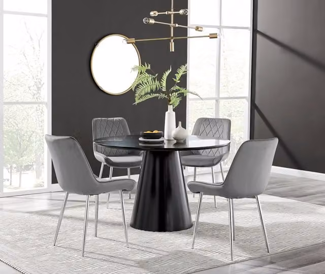FurnitureboxUK Palma Black Semi Gloss Round Dining Table and 4 Pesaro Silver Chairs in Grey