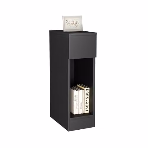 MCC Direct Ava Slim Solid Wooden Bedside Table with Open Shelf and Drawer, Black