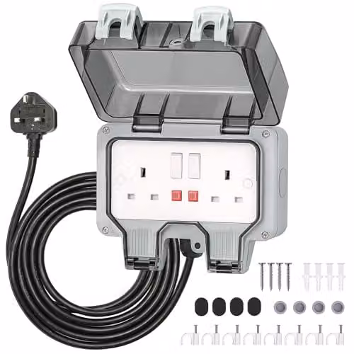 Desiretech IP66 Waterproof Outdoor Double Switched Socket with 3m Cable in Grey