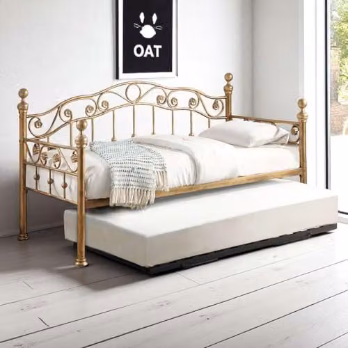 OAT Home Mayfair Victorian Style Metal Day Bed Frame with Optional Pull Out Black Guest Trundle, Antique Brass and Black, W/D/H: 190 x 90 x 103 cm