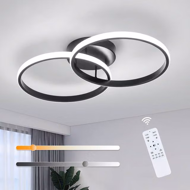 Pheashine Modern Dual Ring LED Ceiling Light in Black, Dimmable with Remote Control – 1