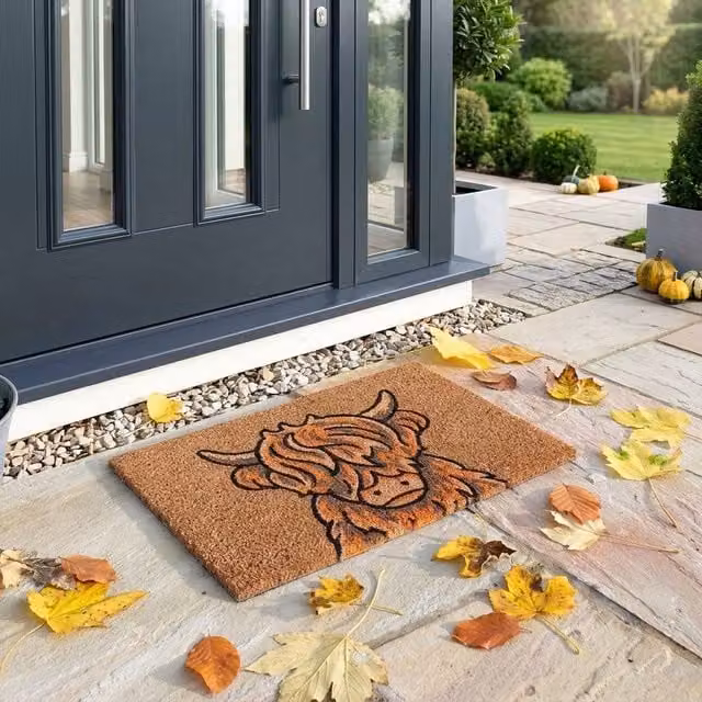Garden Greatness Highland Cow Harvest Autumn Coir Doormat in Natural Brown and Beige, W/D/H: 60.0 x 40.0 x 1.5 cm