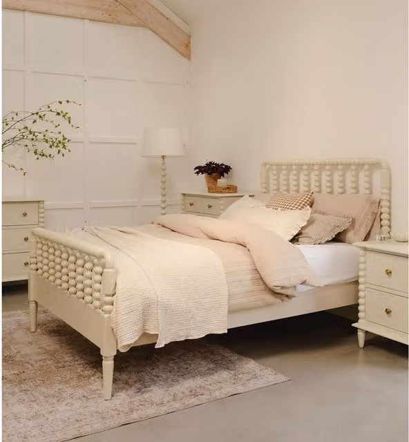 Cromwell Bobbin Bed in Linen Cream, Double, Solid Wood