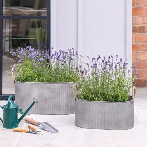 Ivyline Galvanised Steel Rope Handle Trough Planter Set of 2 in Silver