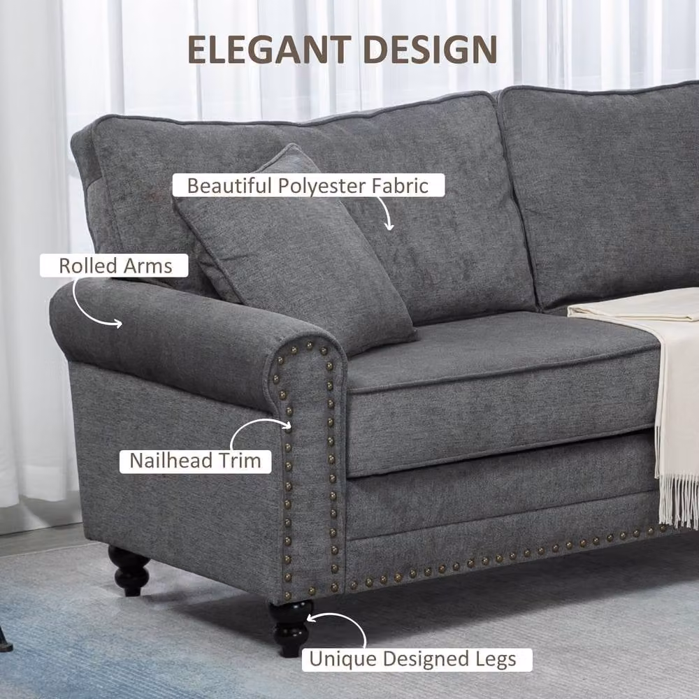 STILVORA 3 Seater Grey Fabric Upholstered Sofa with Scatter Cushions and Wooden Legs – 4