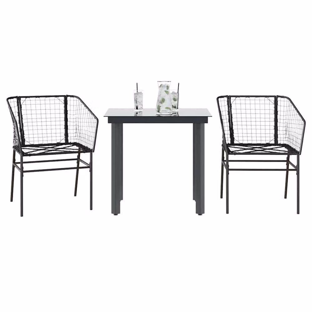 Berkfield Home Beautiful 3 Piece Black Poly Rattan Garden Dining Set with Glass Tabletop – 2