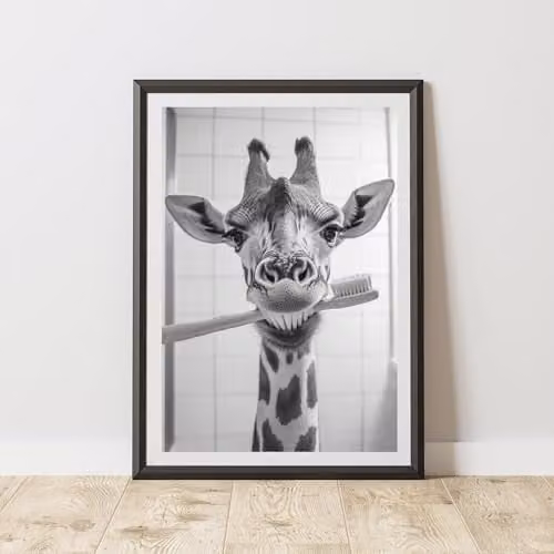 60 Second Makeover Funny Giraffe Toothbrush Paper Poster Print, Black and White, A3