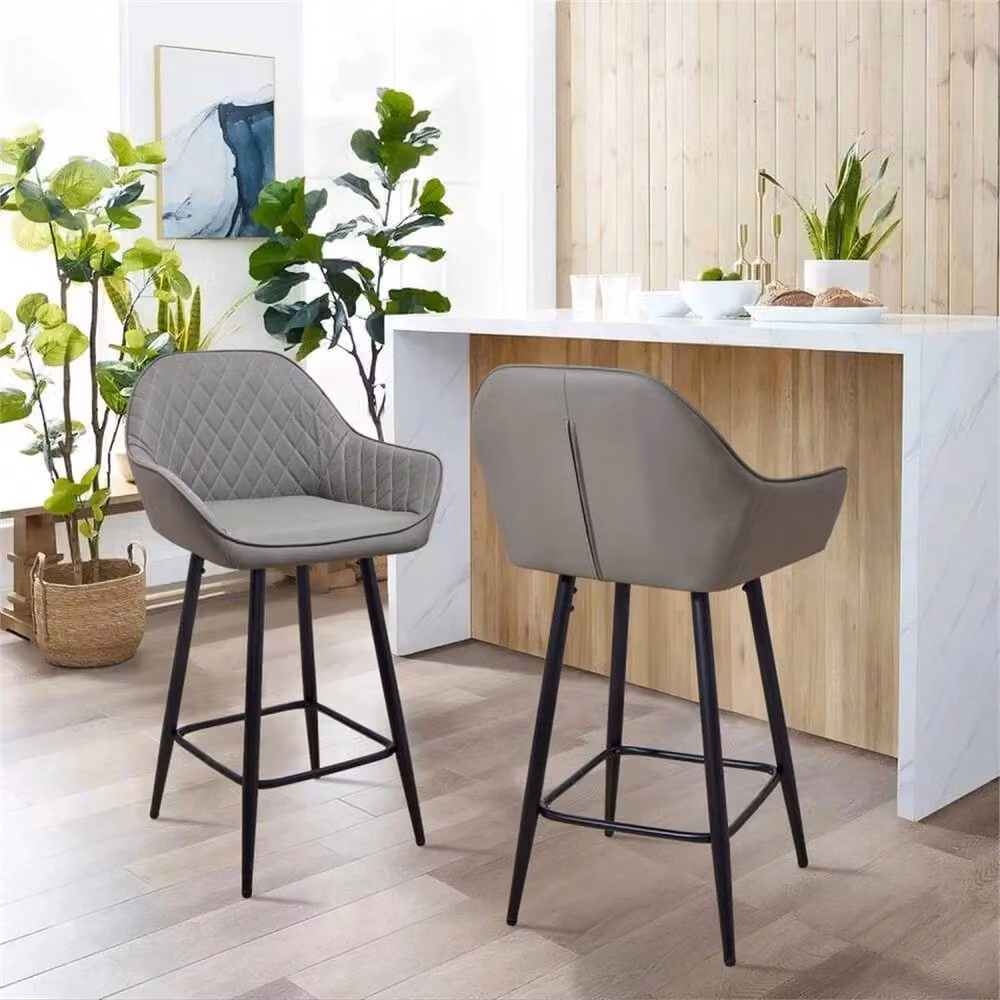 SPETLEK Set of 2 Grey Synthetic Leather Bar Stools with Metal Legs – 4