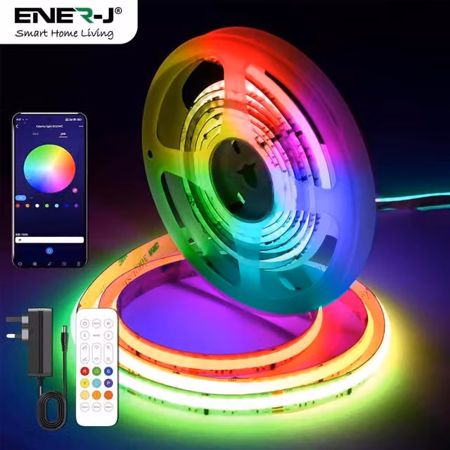ENER-J Smart RGB COB LED Strip Light Kit, 5m, 24V, WiFi Dimmable, White and Multicolour