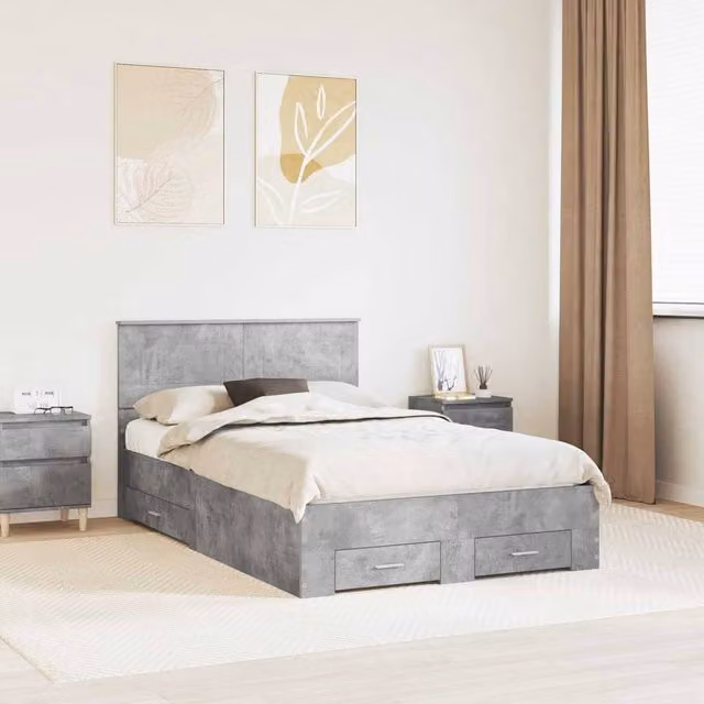 Berkfield Home Modern Bed Frame in Concrete Grey, Engineered Wood, W: 135 cm, L: 190 cm