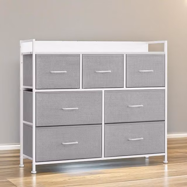 FURNOS Industrial Bedroom Chest with 7 Fabric Drawers in Light Grey