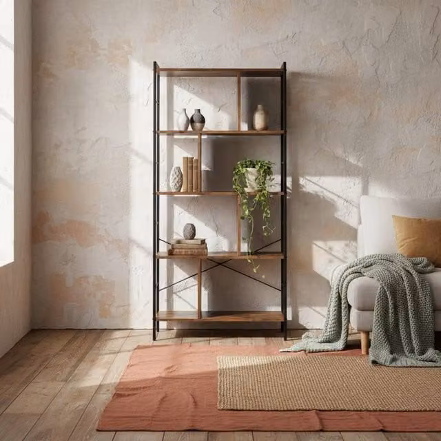Wyld Haus Nofaluno 5 Tier Industrial Metal and Wood Shelf in Rustic Brown and Black, H: 157.5 cm x W: 74 cm x D: 30 cm