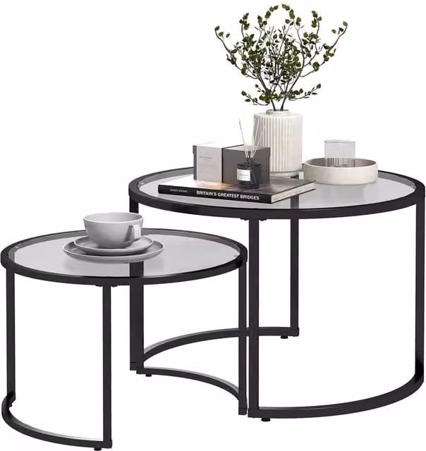 Nordara Black Round Nest of 2 Modern Glass Top Coffee Tables – 1