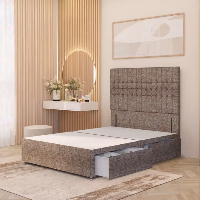 Somnior Beds Ltd Lexington Divan Bed Base with 54 inch Floor Standing Headboard in Brown Tweed Fabric with Drawers, W/D/H: 200 x 180 x 34.5 cm