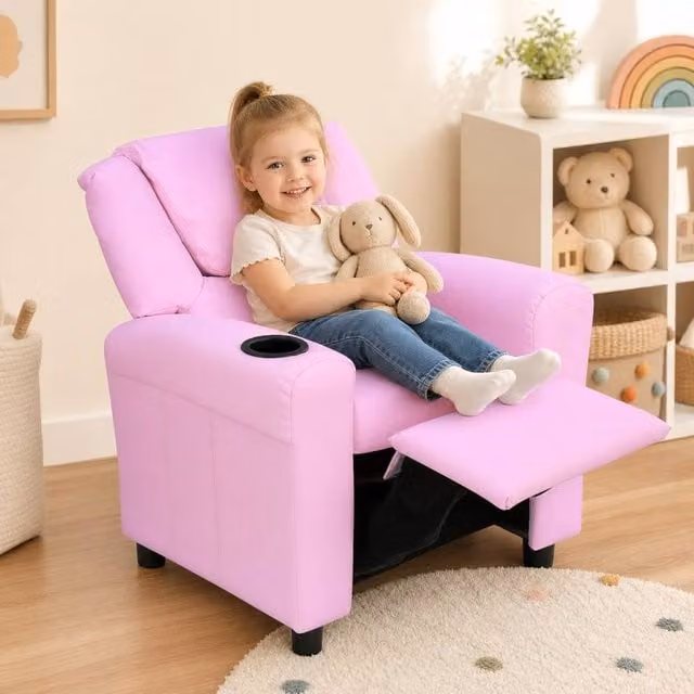 STILVORA Children's Recliner Chair with Footrest and Cup Holder in Pink – 1