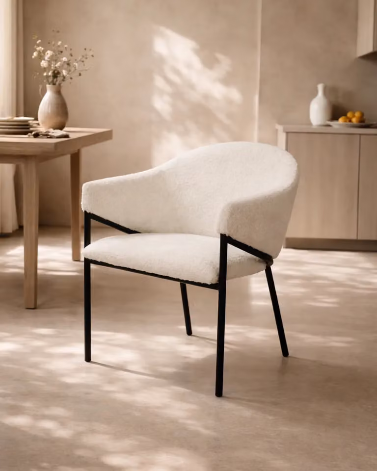 Tommy Franks Aidan Armchair Set of 2 in White Polar Bouclé with Black Metal Frame