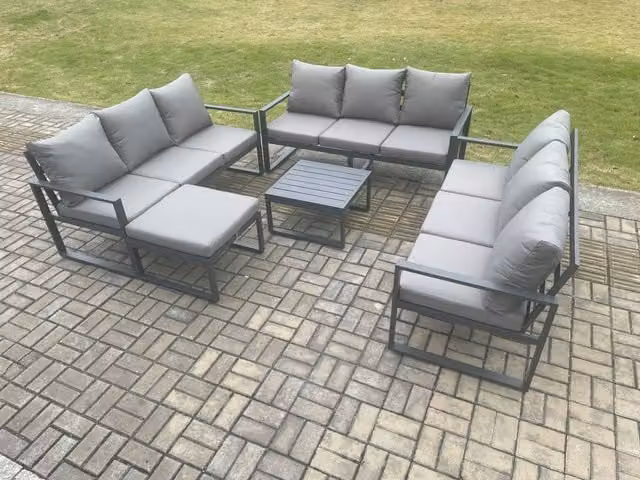 Fimous 10 Seater Outdoor Garden Furniture Set in Dark Grey, featuring Powder Coated Aluminium Frame, 3 Seater Sofa, Coffee Table and Ottoman with Weather Resistant Cushions