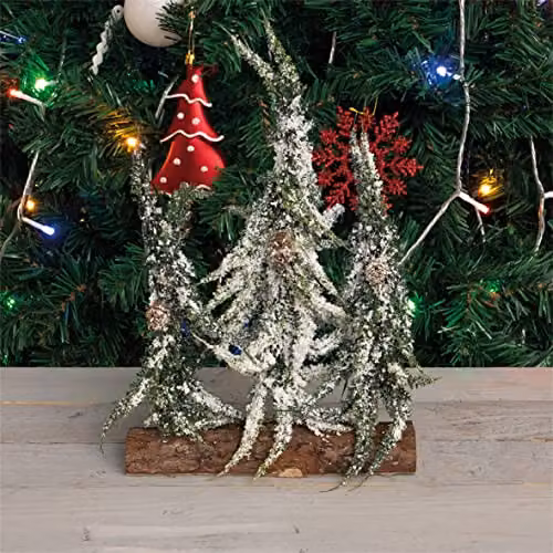 Netagon Decorative Green Snow Topped Mini Christmas Tree Display on Rustic Wood Log – 2