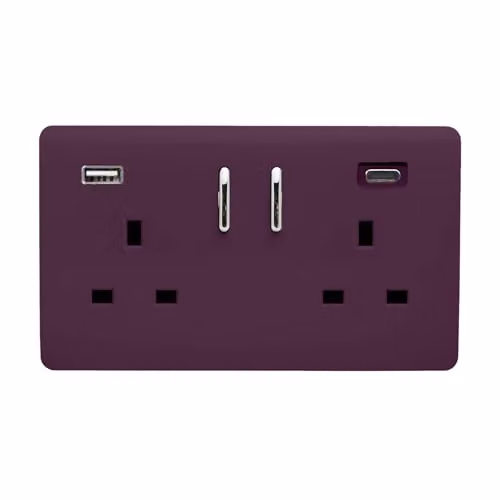 Trendi 2 Gang 13 Amp USB Switched Plug Socket with Type A and C Ports in Plum Purple – 2