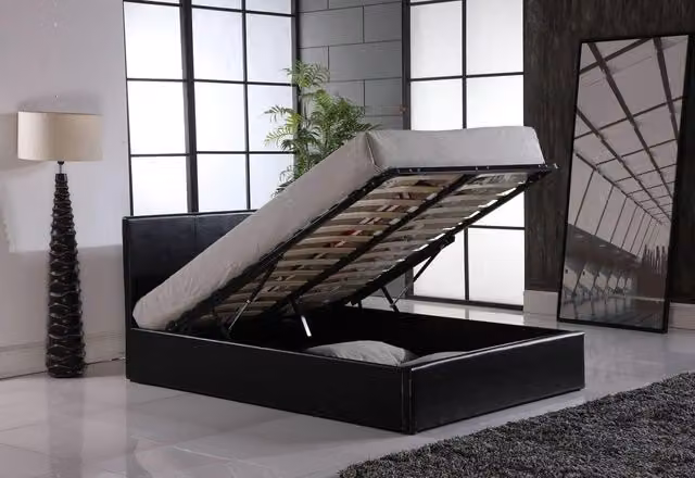 Modernique Ottoman Double Storage Bed in Black Faux Leather with Gas Lift Base, W/D/H: 150 x 200 x 89 cm