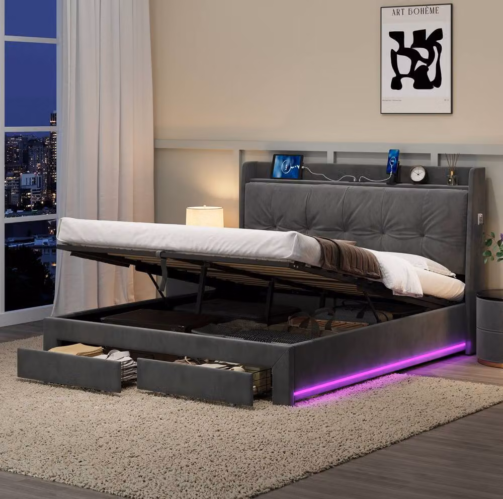 STILVORA Grey Velvet King Ottoman Bed with Under-Bed LED Lighting and USB Charging Port, W/D/H: 180 x 200 cm – 2