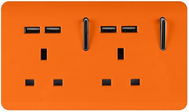 Trendi 2 Gang 13 Amp Flush Switched Socket with 4 x 2.1mA Type A USB Ports in Sunset Orange