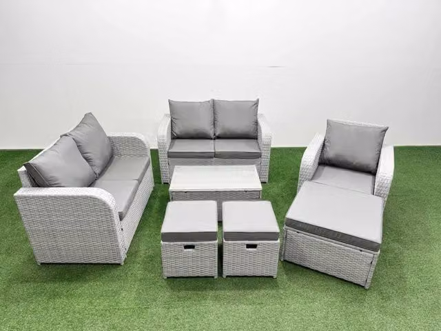 Fimous Grey Poly Rattan Garden Furniture Set with Reclining Sofa, Coffee Table and Ottoman