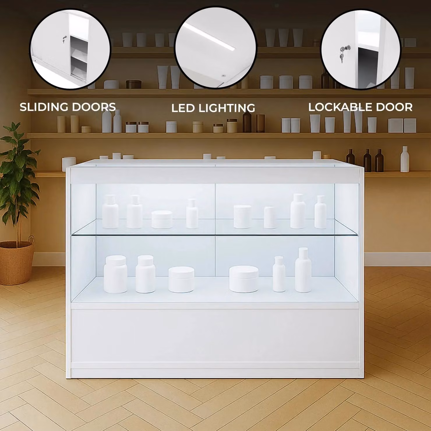 Monstershop C1200 Straight Retail Shop Counter with LED Lighting and Sliding Glass Doors, White – 2