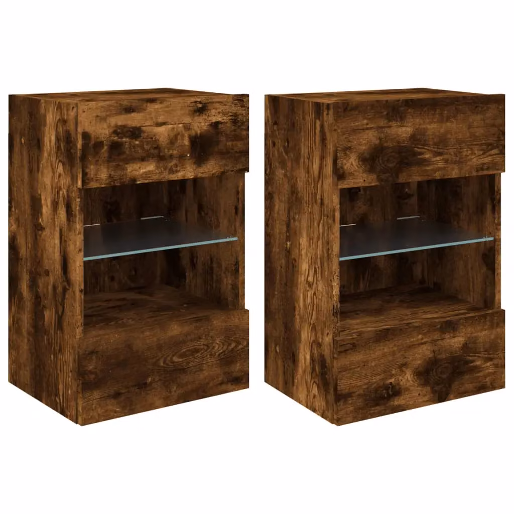 Berkfield Home Set of 2 Modern Wall Mounted TV Cabinets with Integrated LED Lights in Smoked Oak Brown, W/D/H: 40 x 30 x 60.5 cm – 2