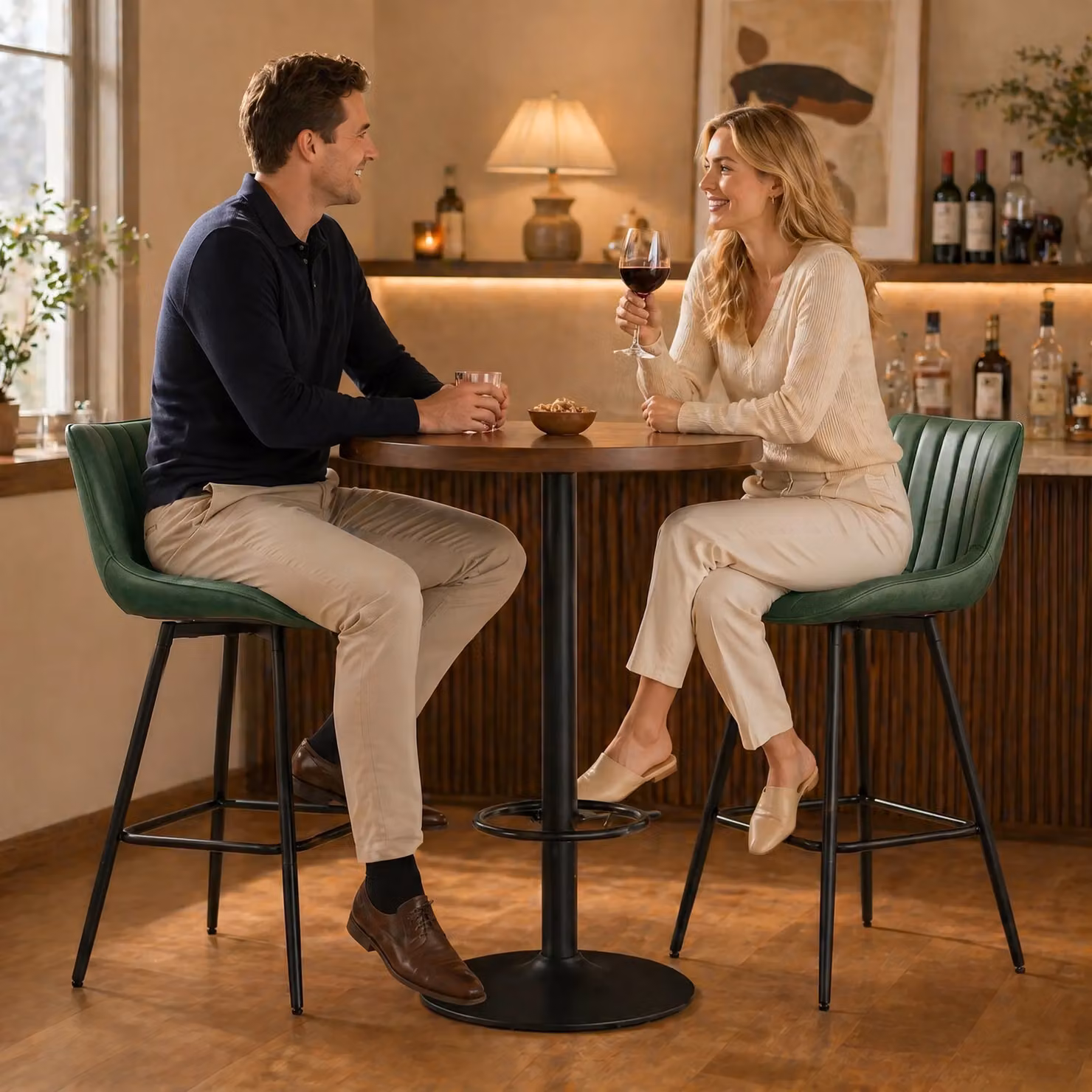 HOMCOM Set of 2 Modern PU Leather Swivel Bar Stools in Dark Green – 6