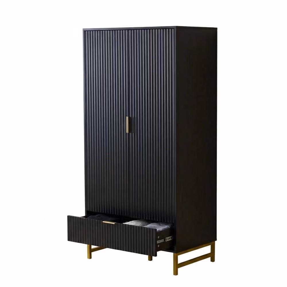 FURNITURE ONE Modern 2-Door Wardrobe Cabinet with Integrated Soft-Close Drawers in Matt Black and Gold – 5