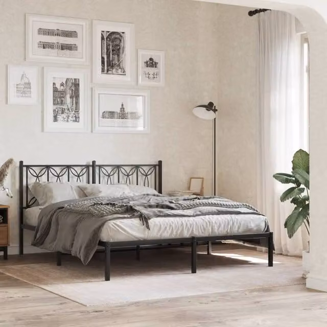 Berkfield Home Metal Bed Frame with Headboard in Black, 150 x 200 cm