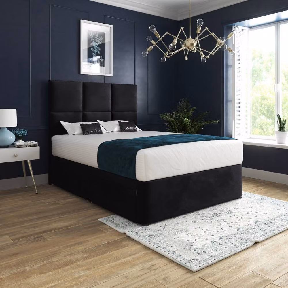 Casani Goostrey Black Velvet Upholstered Divan Bed Frame with Geometric Headboard and Drawers, W/D/H: 120 x 200 x 137 cm – 2
