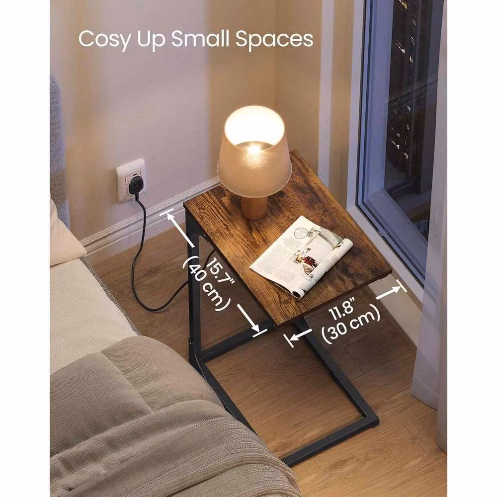 The Bazaarist C Shaped Side Table with USB Charging Station, Brown – 3