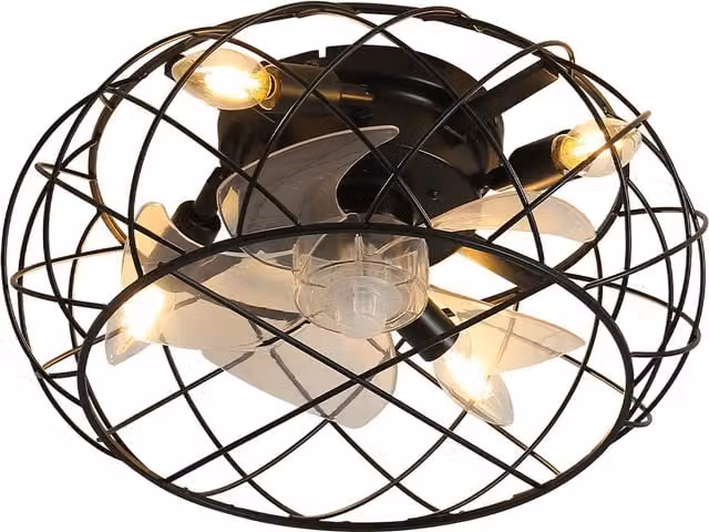 Living Star Industrial Black Metal Cage Ceiling Fan Light with Remote Control and Transparent Glass Shade