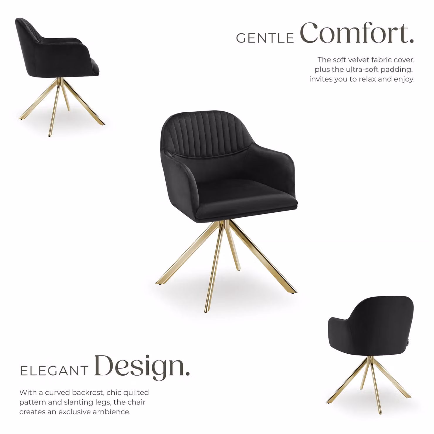 tectake Lona Set of 6 Velvet Armchairs in Black and Gold with 360 Degree Swivel and Armrests – 3
