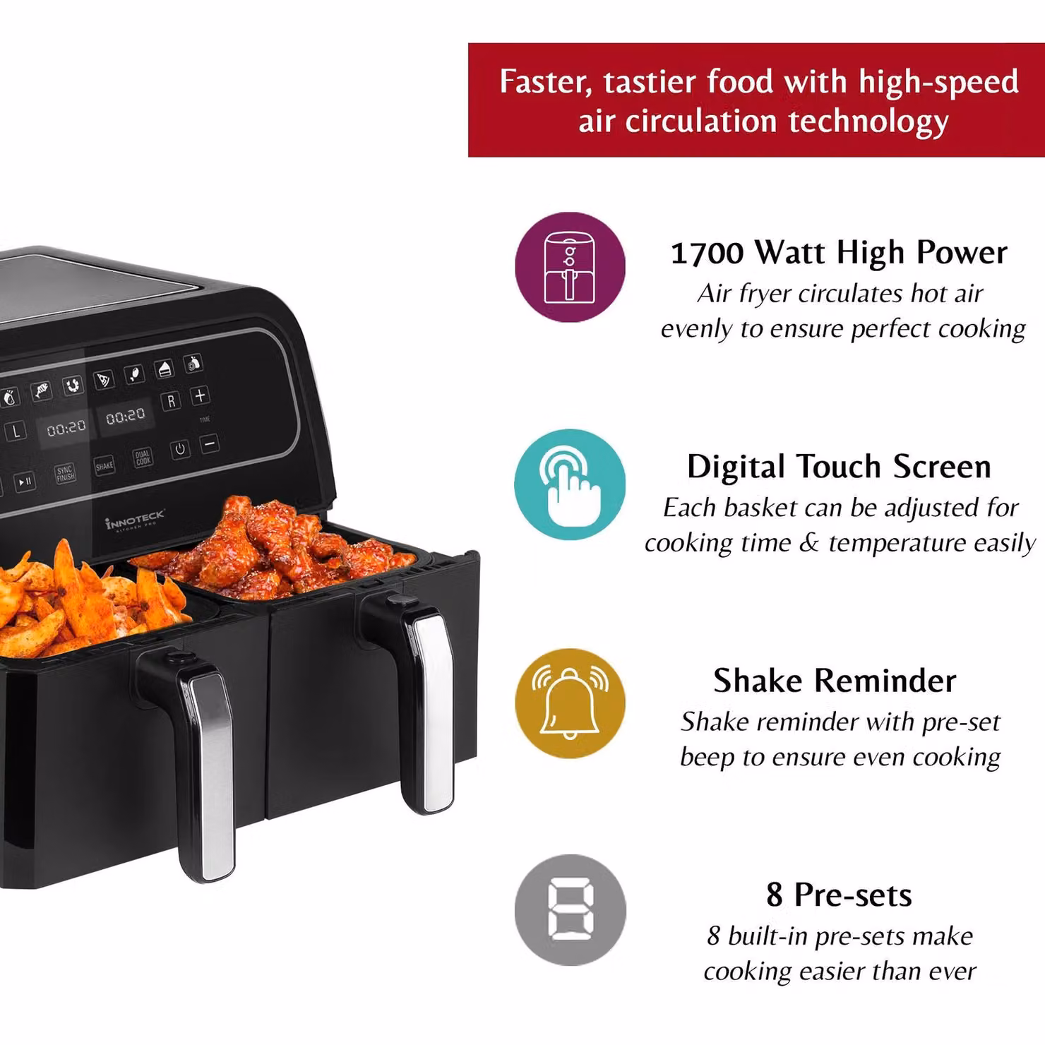 Innoteck Kitchen Pro 8L Dual Basket Air Fryer with Digital LED Display, 1700W, Black – 5