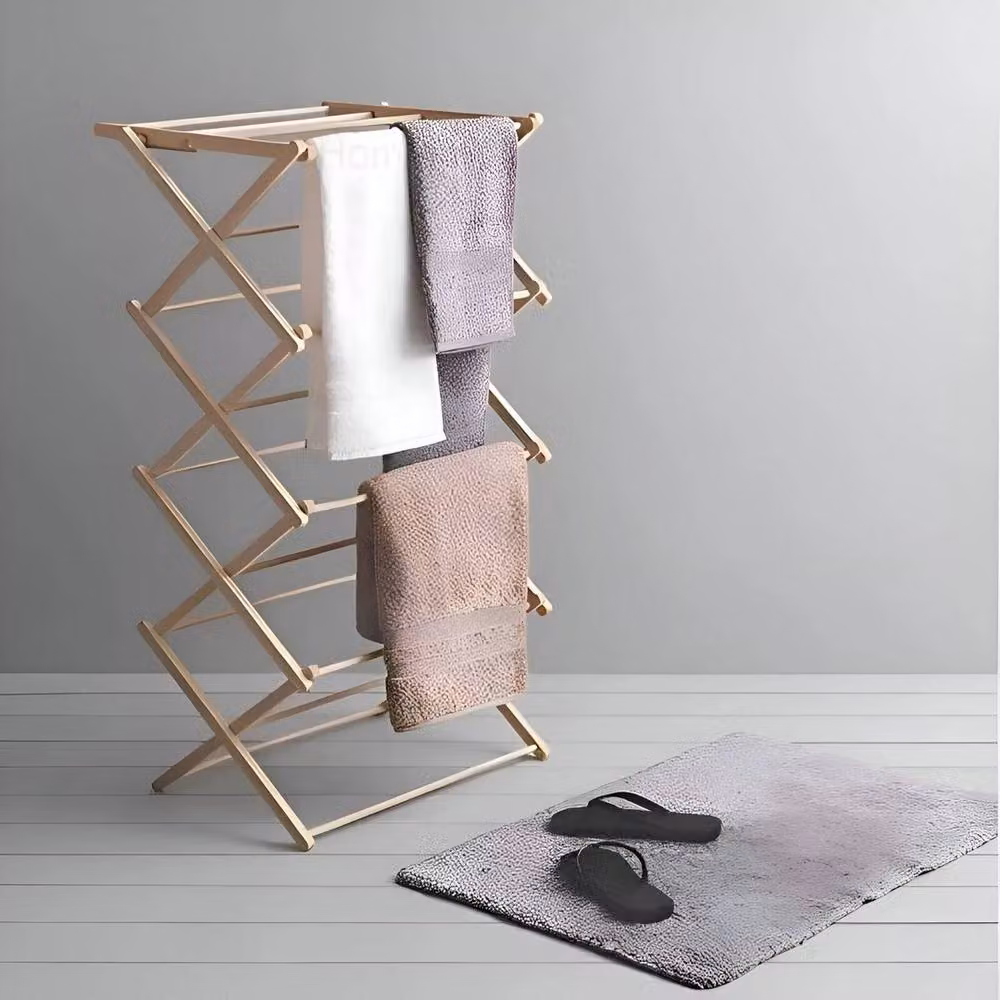 PAWNORA 4-Tier Foldable Bamboo Clothes Airer in Natural Brown – 2