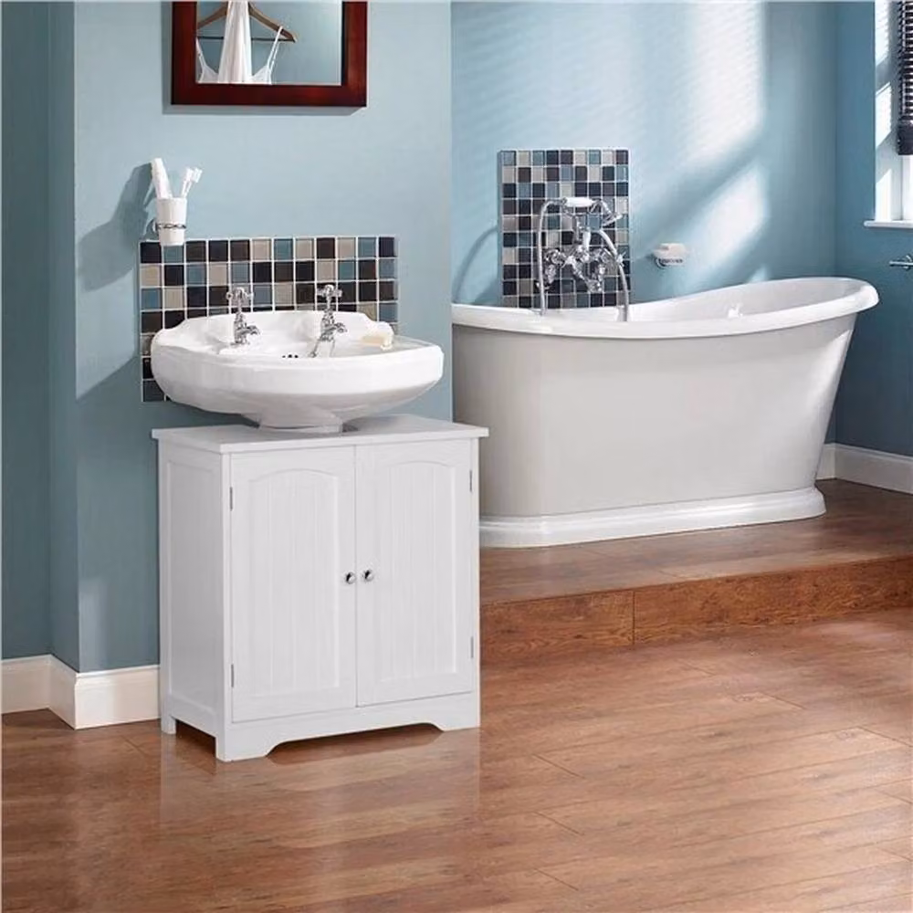 KORVIXA White Freestanding Under Sink Bathroom Storage Cabinet with Hinged Doors, W: 90 cm, H: 65 cm – 2