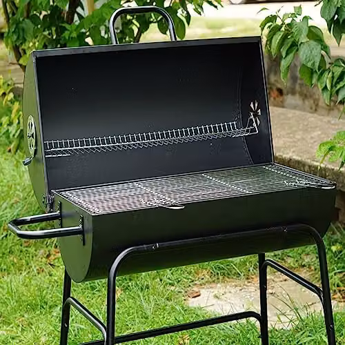 Gr8 Garden Large Black Steel Oil Drum Charcoal BBQ Grill with Warming Rack and Wheels – 6