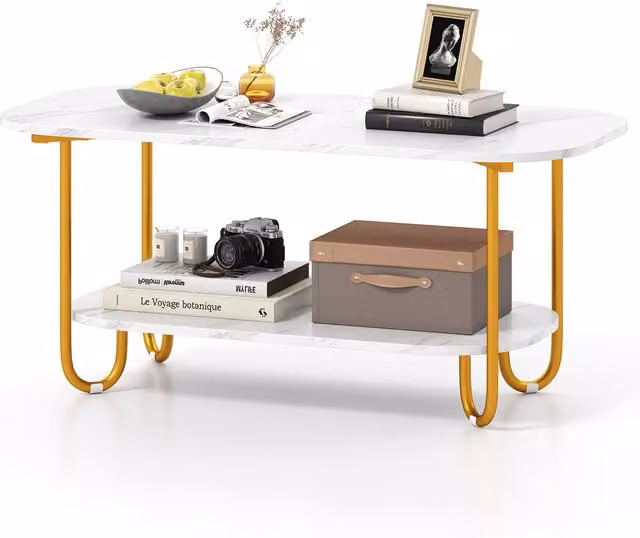 Costway Modern 2-Tier Faux Marble Top Coffee Table in White and Gold