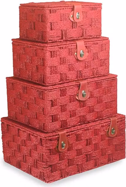 Set of 4 Red Open Weave Paper Rope Picnic Baskets with Lids