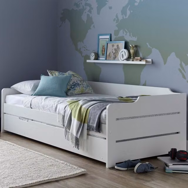 Rest Relax Cosmic White Guest Bed with Trundle, 3ft Single Wood Frame, W/D/H: 90 x 190 cm