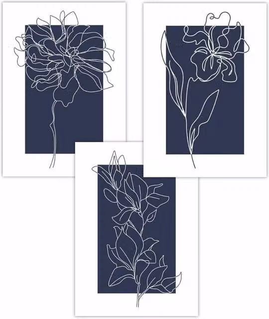 ARTZE Set of 3 Modern Floral Line Art Sketch Posters in Blue and White, W: 30 cm, H: 42 cm