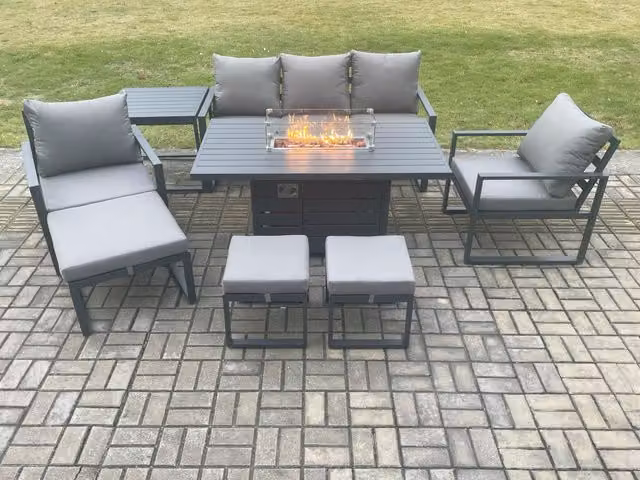 Fimous Aluminium Outdoor Garden Furniture Set in Dark Grey with Gas Fire Pit Dining Table, Side Table and 3 Footstools