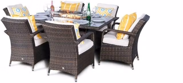 Giardino Arizona Square Rattan Fire Pit Patio Dining Set with 6 Chairs in Brown and Grey
