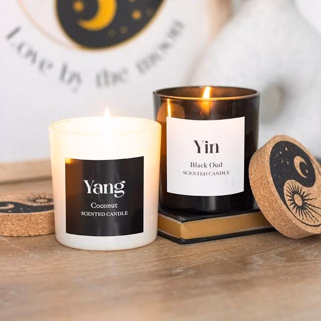 Uniqueful Set of 2 Yin Yang Black Oud and Coconut Scented Candles in Multicolour Glass Figures – 1