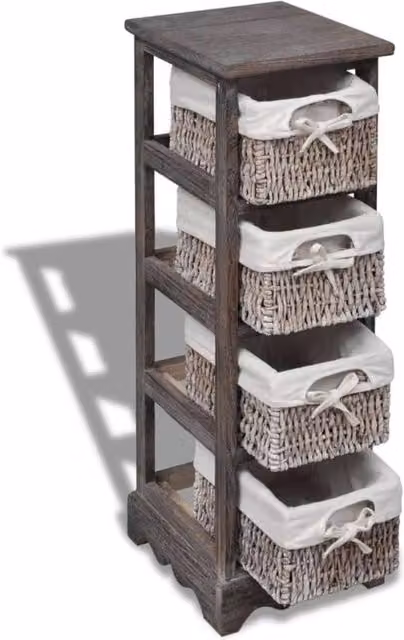 Berkfield Home Wooden Storage Rack with 4 Brown Weaving Baskets, W/D/H: 74 x 28 x 28 cm
