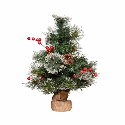 Samuel ALEXANDER 50cm Mini Christmas Tree in Burlap Base with Frosted Tips and Red Berries in Green and Red – 4